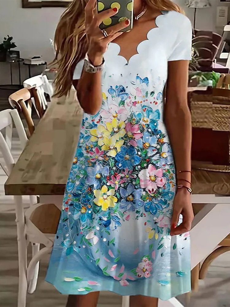 Scallop Neck Floral Vacation Midi Dresses-serendiple.com
