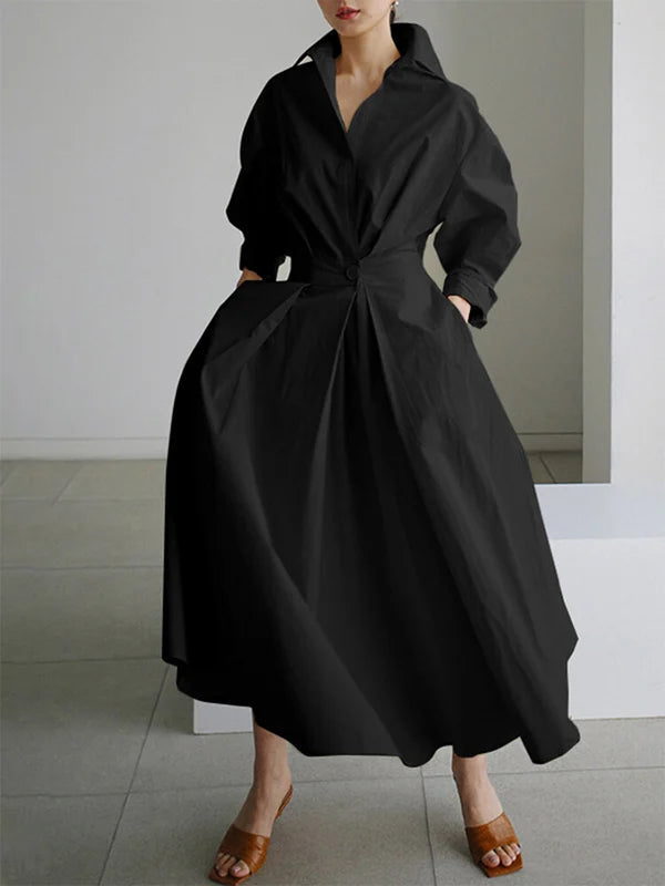 Women's Solid Pocket Button Lapel Long Sleeve Maxi Shirt Casual Dress-serendiple.com