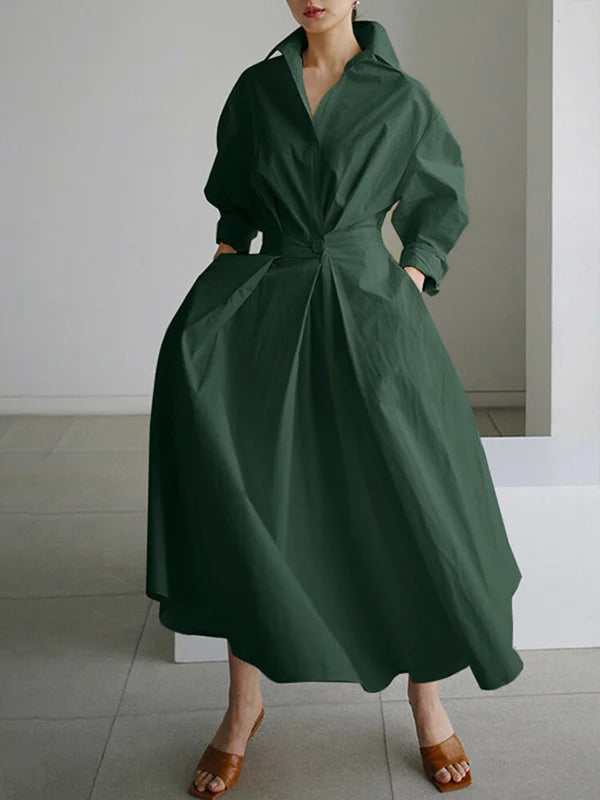 Women's Solid Pocket Button Lapel Long Sleeve Maxi Shirt Casual Dress-serendiple.com