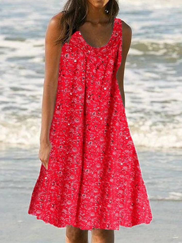 Plus Size Floral Print Beach Women Summer Midi Dresses-serendiple.com