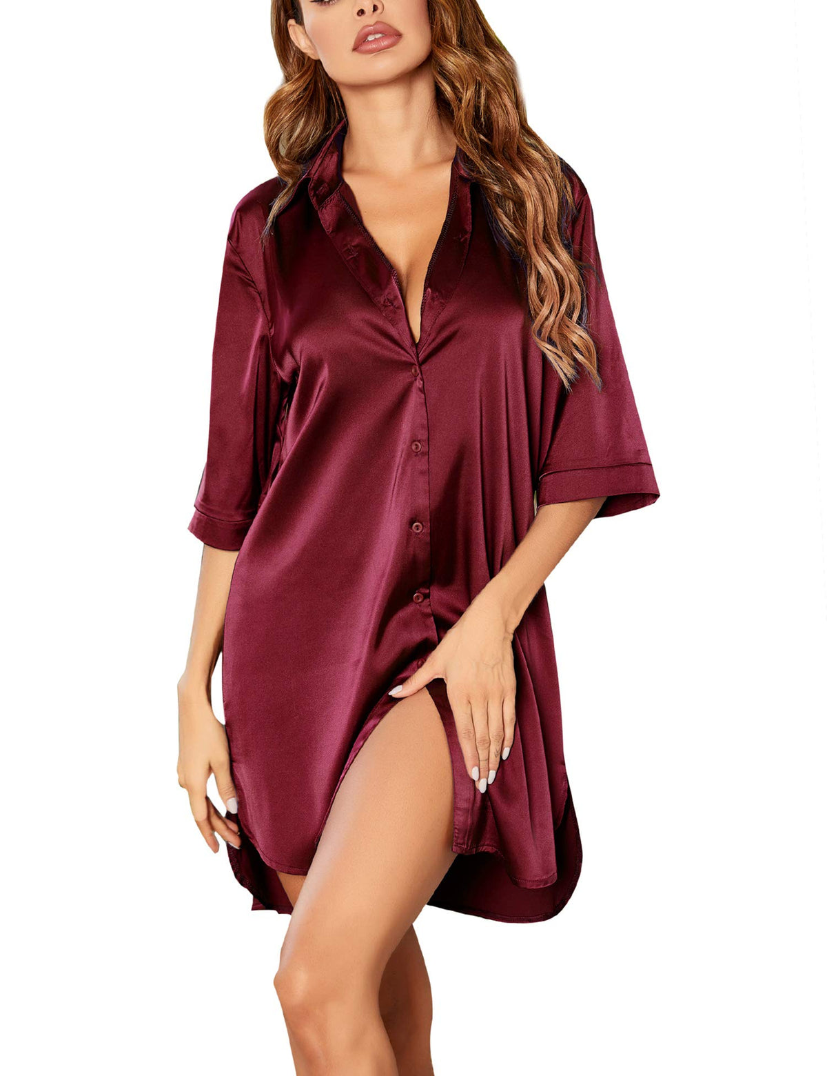 Women's Silk Satin Home 3/4 Sleeve Pajamas Boyfriend Notched Collar Pajamas-serendiple.com