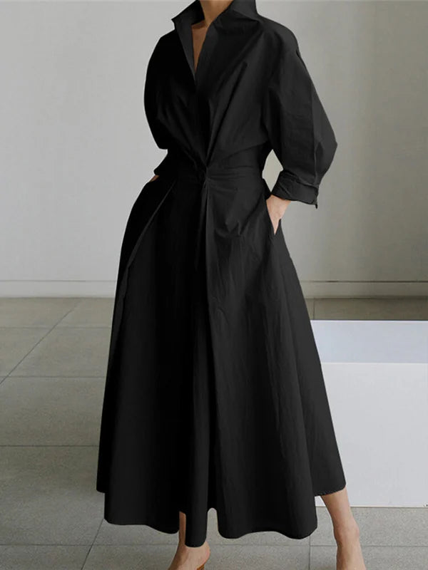 Women's Solid Pocket Button Lapel Long Sleeve Maxi Shirt Casual Dress-serendiple.com