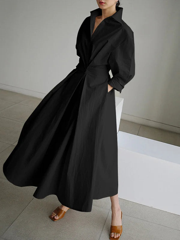 Women's Solid Pocket Button Lapel Long Sleeve Maxi Shirt Casual Dress-serendiple.com
