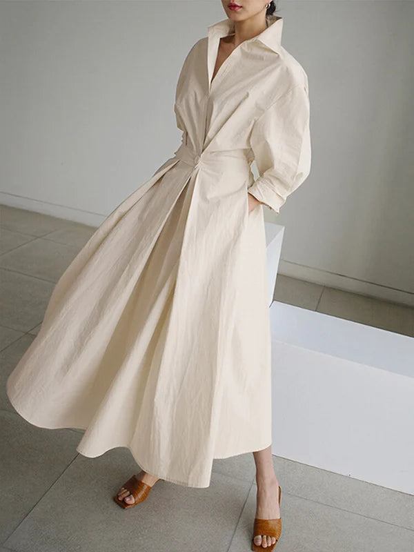 Women's Solid Pocket Button Lapel Long Sleeve Maxi Shirt Casual Dress-serendiple.com