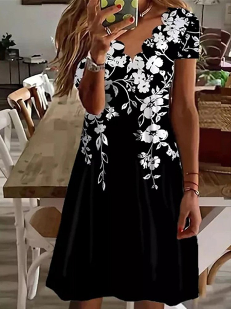 Scallop Neck Floral Vacation Midi Dresses-serendiple.com
