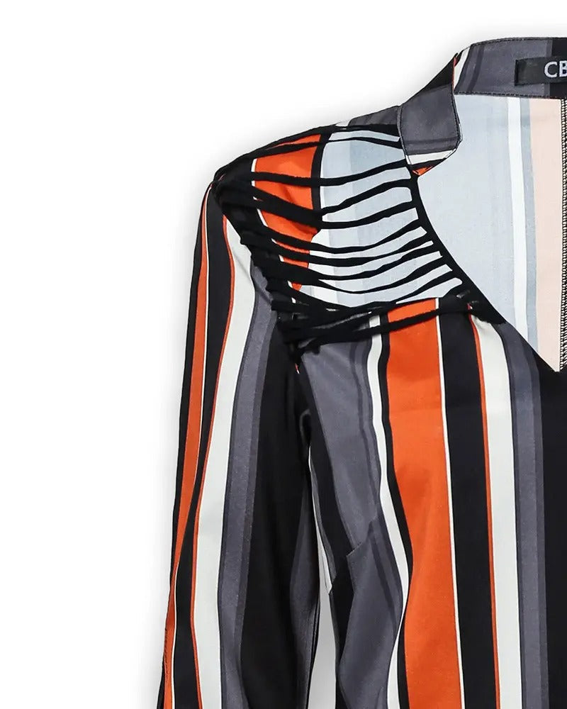 Striped Tassels Insert Tie Sleeve Shirt Dress-serendiple.com