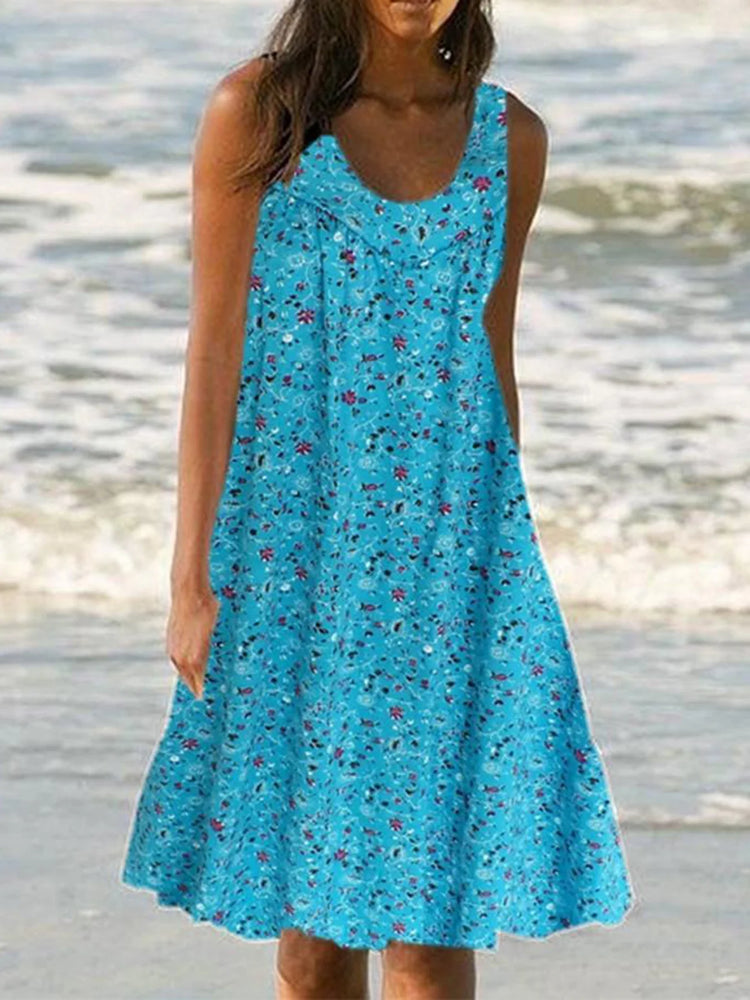 Plus Size Floral Print Beach Women Summer Midi Dresses-serendiple.com