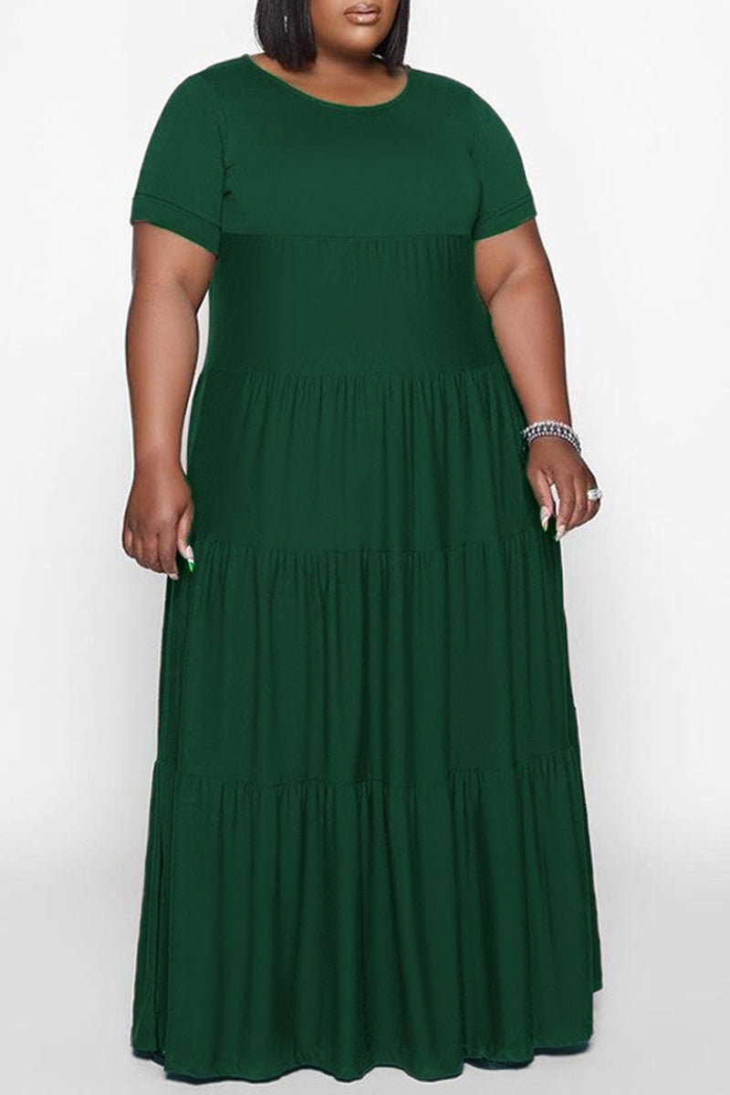 Plus Size Ruffle Round Neck Ruched Maxi Dress-serendiple.com