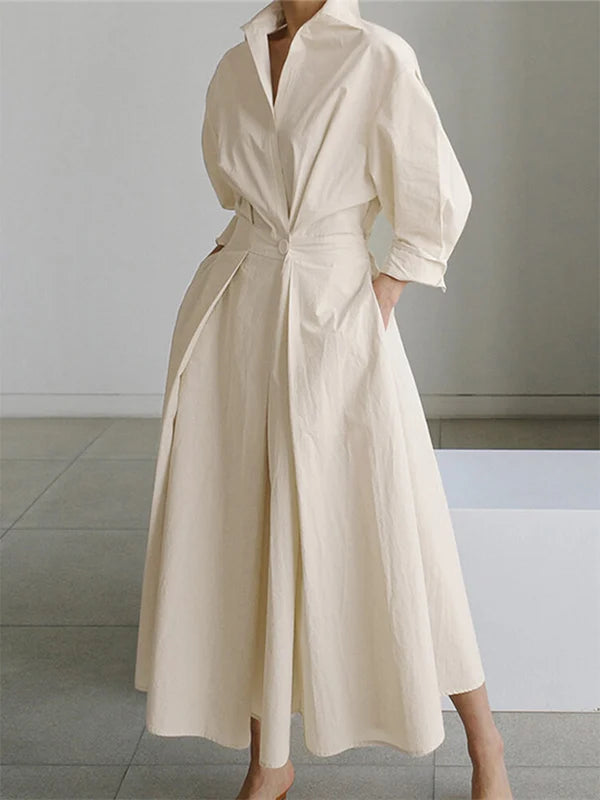 Women's Solid Pocket Button Lapel Long Sleeve Maxi Shirt Casual Dress-serendiple.com
