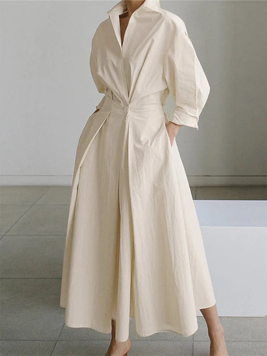 Women's Solid Pocket Button Lapel Long Sleeve Maxi Shirt Casual Dress-serendiple.com