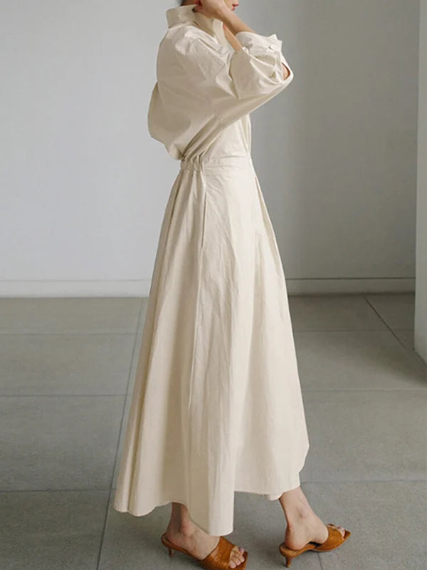 Women's Solid Pocket Button Lapel Long Sleeve Maxi Shirt Casual Dress-serendiple.com