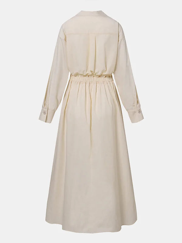Women's Solid Pocket Button Lapel Long Sleeve Maxi Shirt Casual Dress-serendiple.com