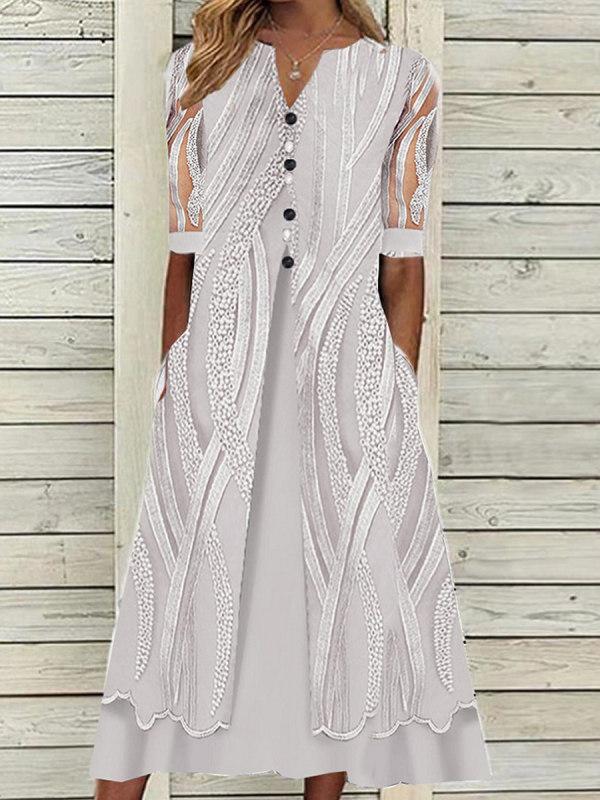 V-neck Printed Loose Short Sleeve Chic Dress-serendiple.com