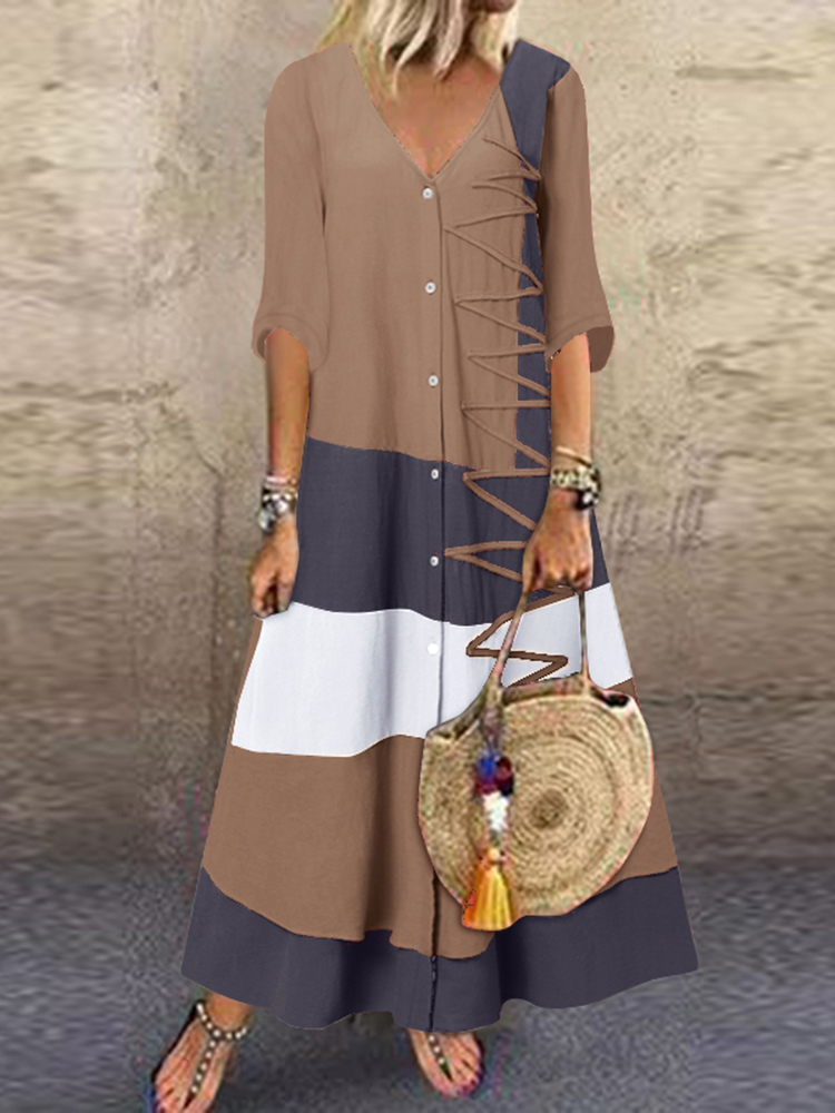 Loose V-Neck Cotton Dress SKUI33348-serendiple.com