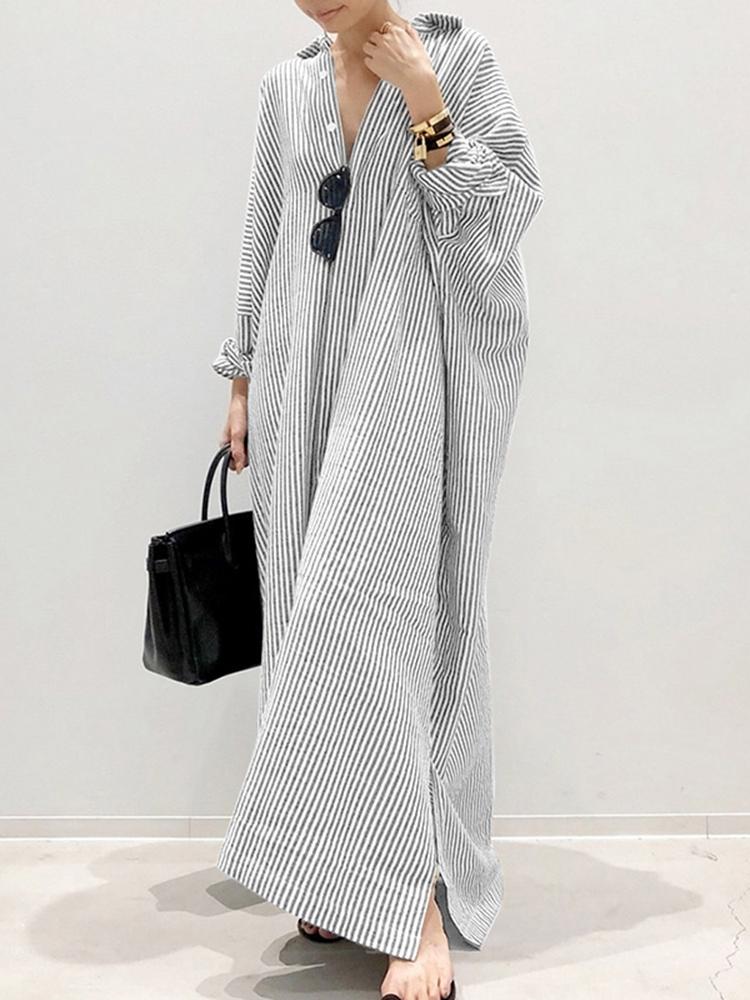 Puff Sleeve Stripe Printed Casual Maxi Dress-serendiple.com