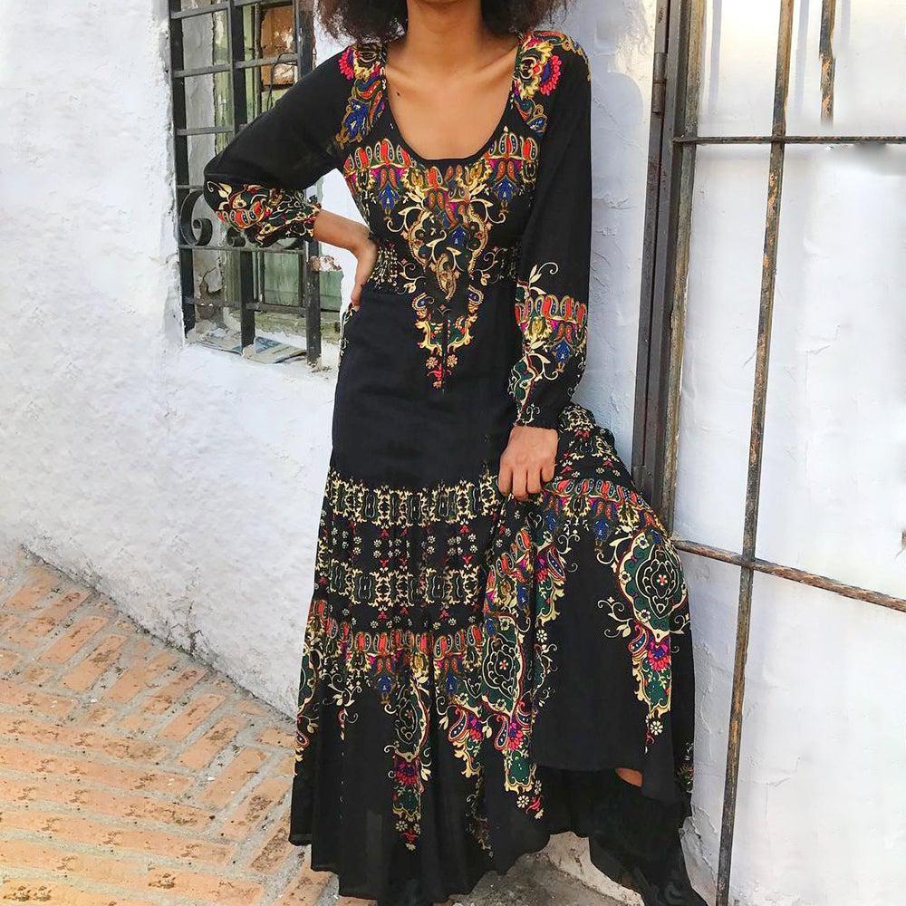 Vintage Print Long Sleeved Prairie Maxi Dress-serendiple.com