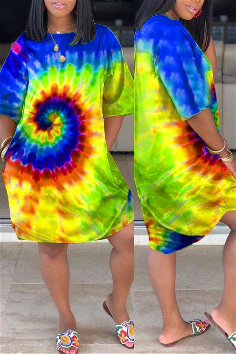 Plus Size Tie Dye Pocket Casual Dress-serendiple.com