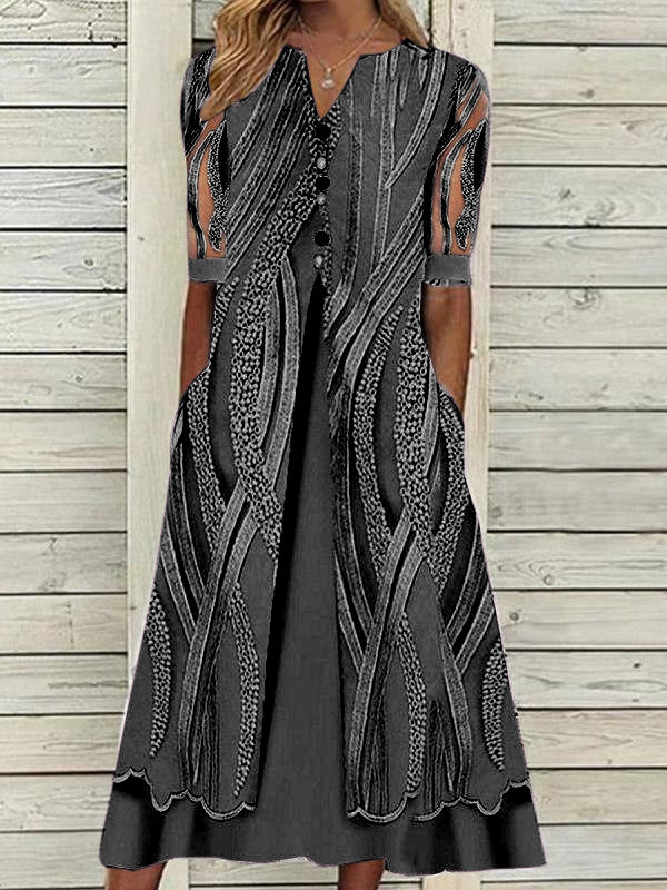 V-neck Printed Loose Short Sleeve Chic Dress-serendiple.com