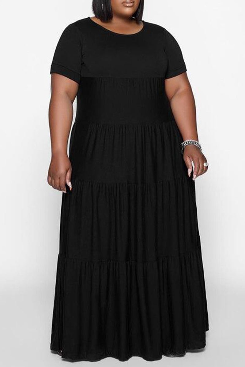 Plus Size Ruffle Round Neck Ruched Maxi Dress-serendiple.com