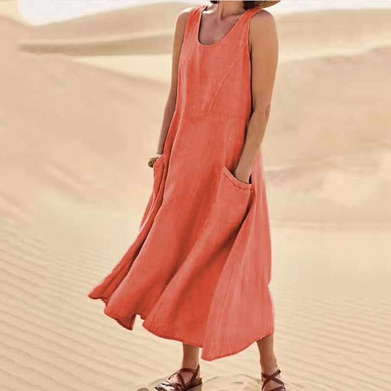 Women's Sleeveless Cotton And Linen Dress-serendiple.com