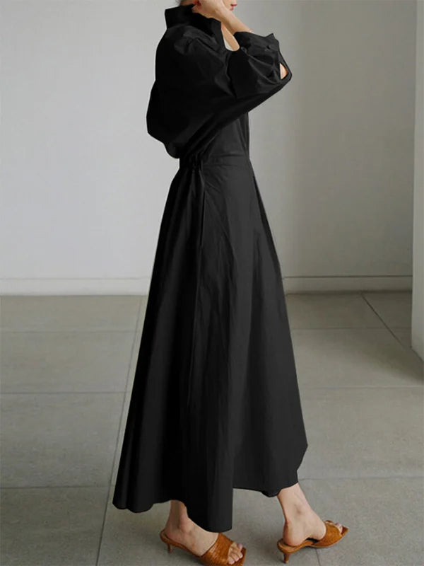 Women's Solid Pocket Button Lapel Long Sleeve Maxi Shirt Casual Dress-serendiple.com